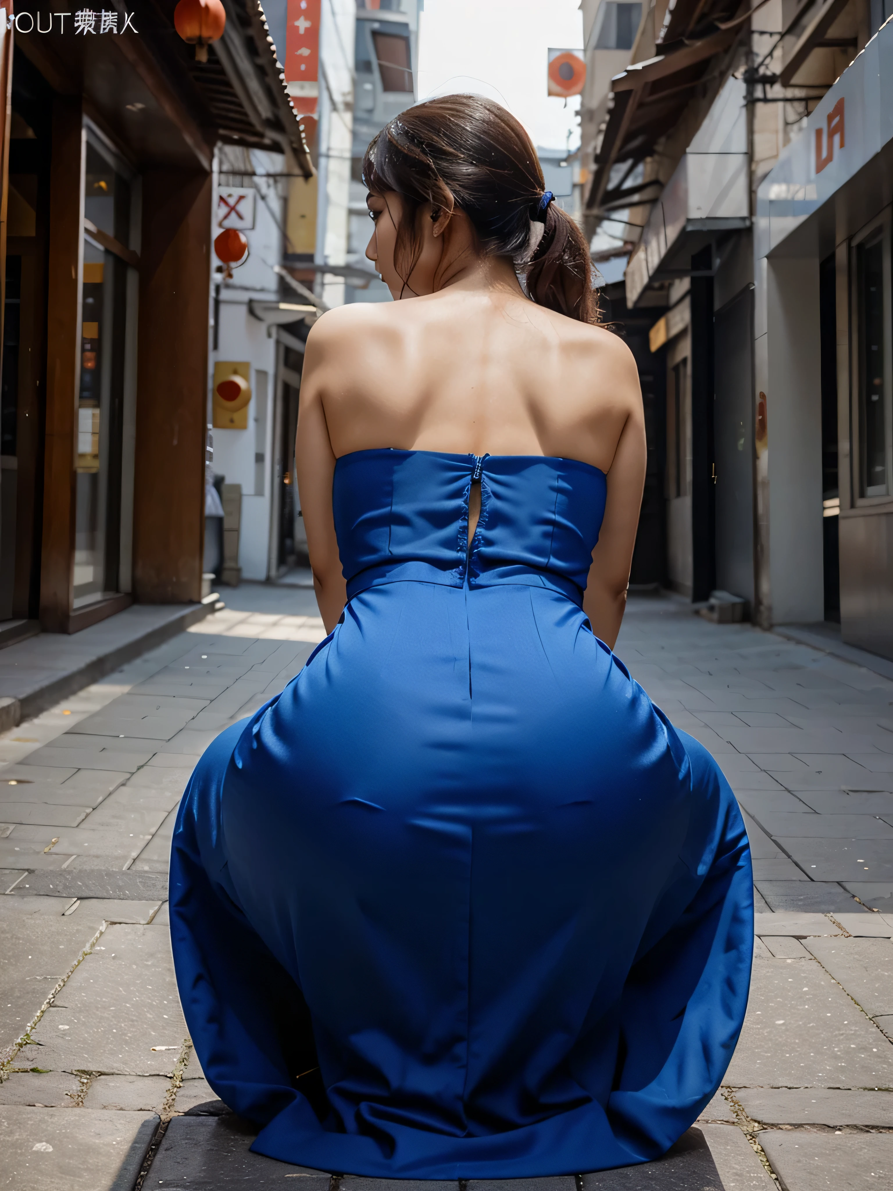 (realistic) (detailed) Standing behind Chinese woman that is squatting over wearing a long dress , showing rear view,  blue dress 