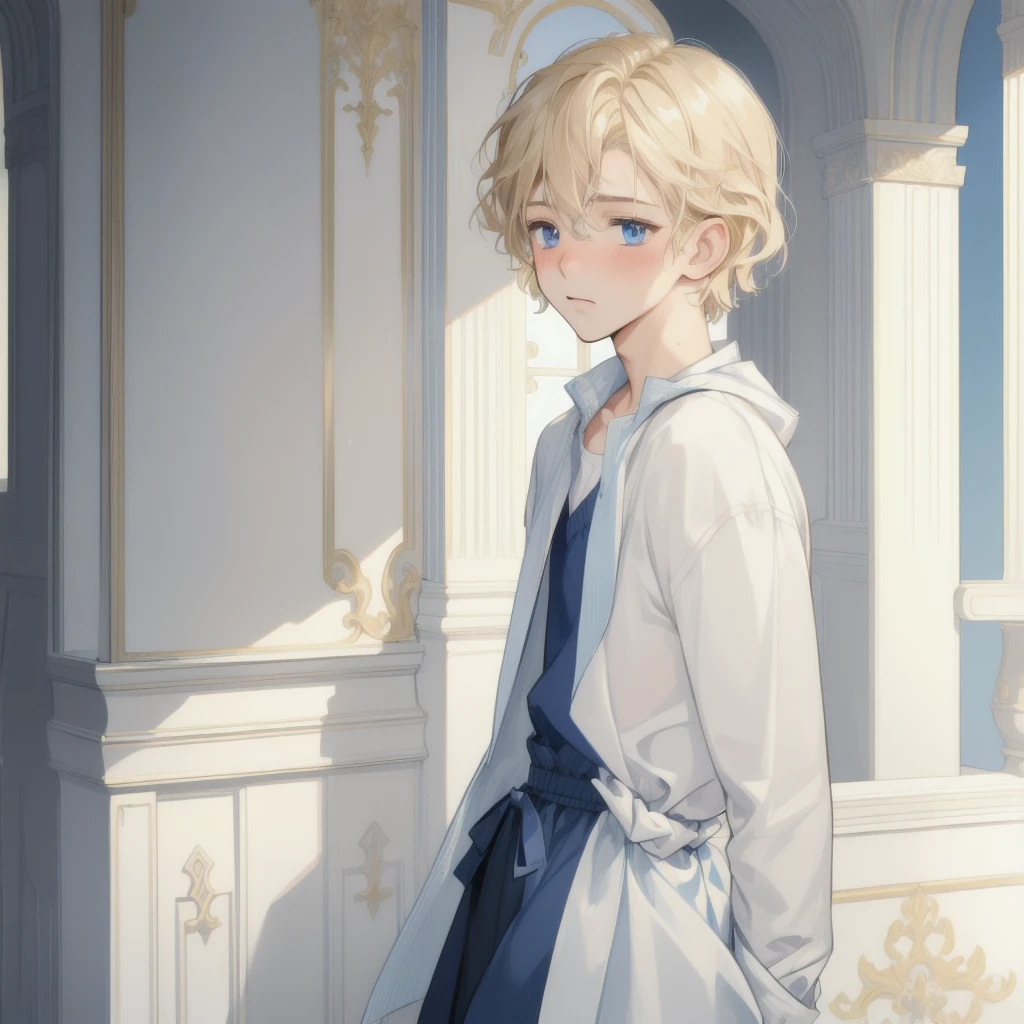 ((masterpiece:1.2, Best quality)), 4K, молодой boy, 1 person, alone in the frame, man, boy, short, Short blond hair, soft wavy hair, Blue eyes, modest, shy, blush, Casual wear, modernity