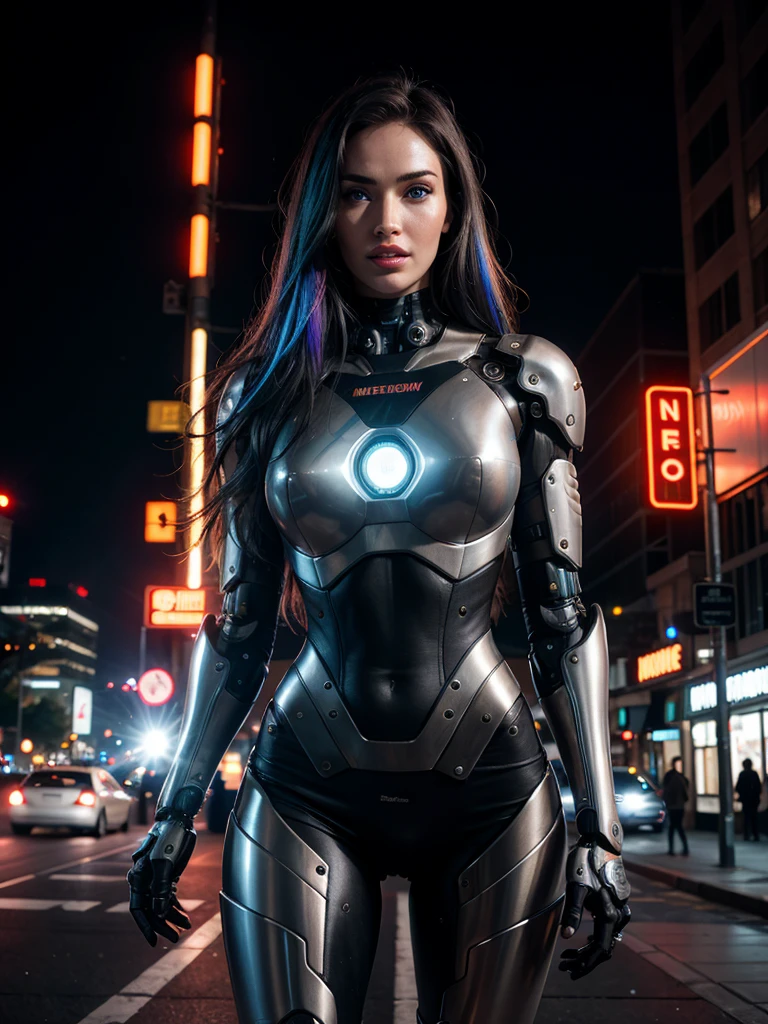 hyperrealism, (photorealistic:1.2), (photorealistic light:1.3), masterpiece, best quality, perfect detail, professional photo, realistic photo, raw photo, realistic style, detailed face, close-up, realistic portrait, cyberpunk style, cyborg, Megan Fox, multi-colored hair, robotic body, robotic arms, robotic legs, old mechanical armor, posing on the street Night City, looking at viewer, neon lights, night, dramatic lighting