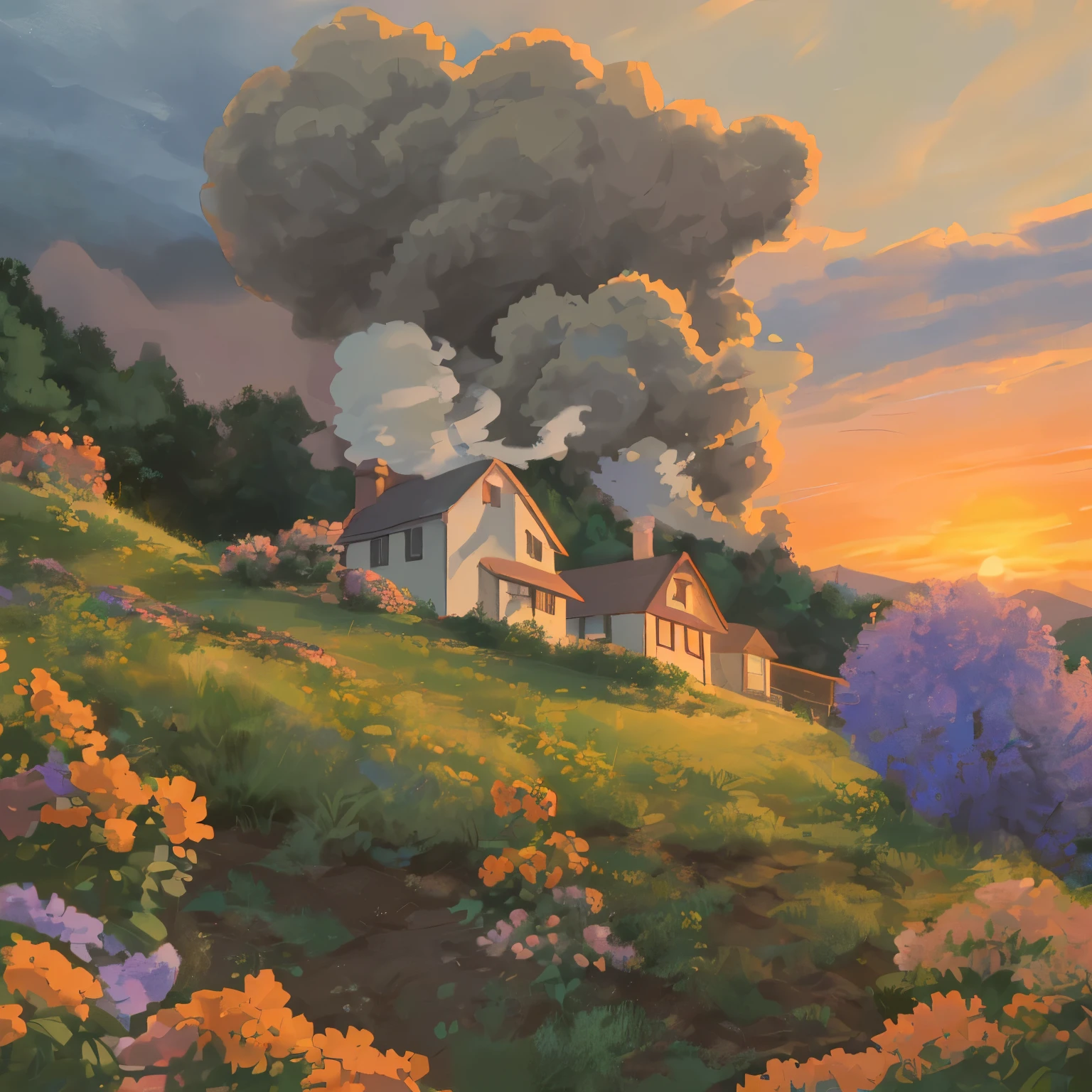 small house on top of a hill, smoke coming from the chimney, clouds in the sky, trees and flowers, sunset