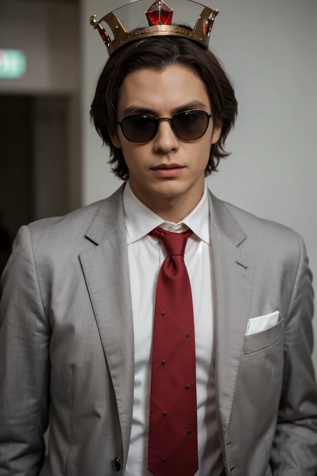 a man with a black suit, a red tie and a crown with a red stone and sunglasses anime
