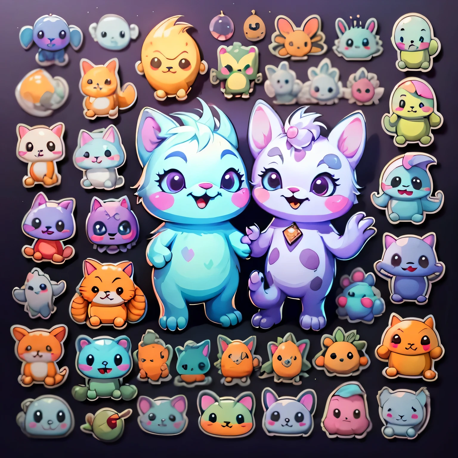 Cute and whimsical illustration with friendly monsters in bright colors, with silly expressions and playful communication, varying degrees of rarity from gray ,blue , purple , Golden . diamond, ideal for light-hearted and childlike recognition, ultrarealism, color field song, High detail, UHD, 8 k, Anatomically correct, lighting 4d quality