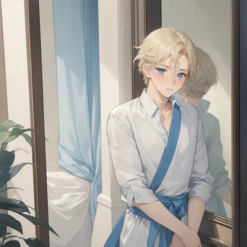 ((masterpiece:1.2, Best quality)), 4K, молодой boy, 1 person, alone in the frame, man, boy, short, Short blond hair, soft wavy hair, Blue eyes, modest, shy, blush, Casual wear, modernity