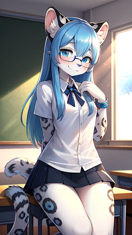 snow leopard girl,blue eyes,blue long hair,white leopard ears,white leopard tail,black leopard print,white leopard fur,white shirt with blue line,shirt tail,white mini skirt with blue line,ribbon hairpin,glasses,fluffy bracelet,classroom,morning,white sunlight,looking at viewer,smile,shy face,full face blush