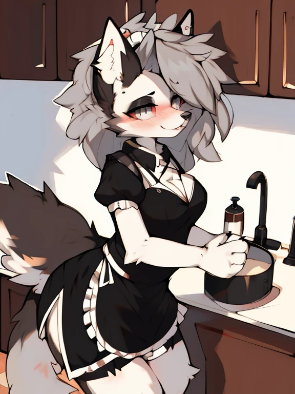 Solo, Female, (LoRA Roxanne Wolf), Realistic background, Indoors, Inside kitchen, Sitting on top of countertop, Maid outfit, Black chocker with bell, Nervous eyes, Mouth closed, Looking at viewer, Crossing legs