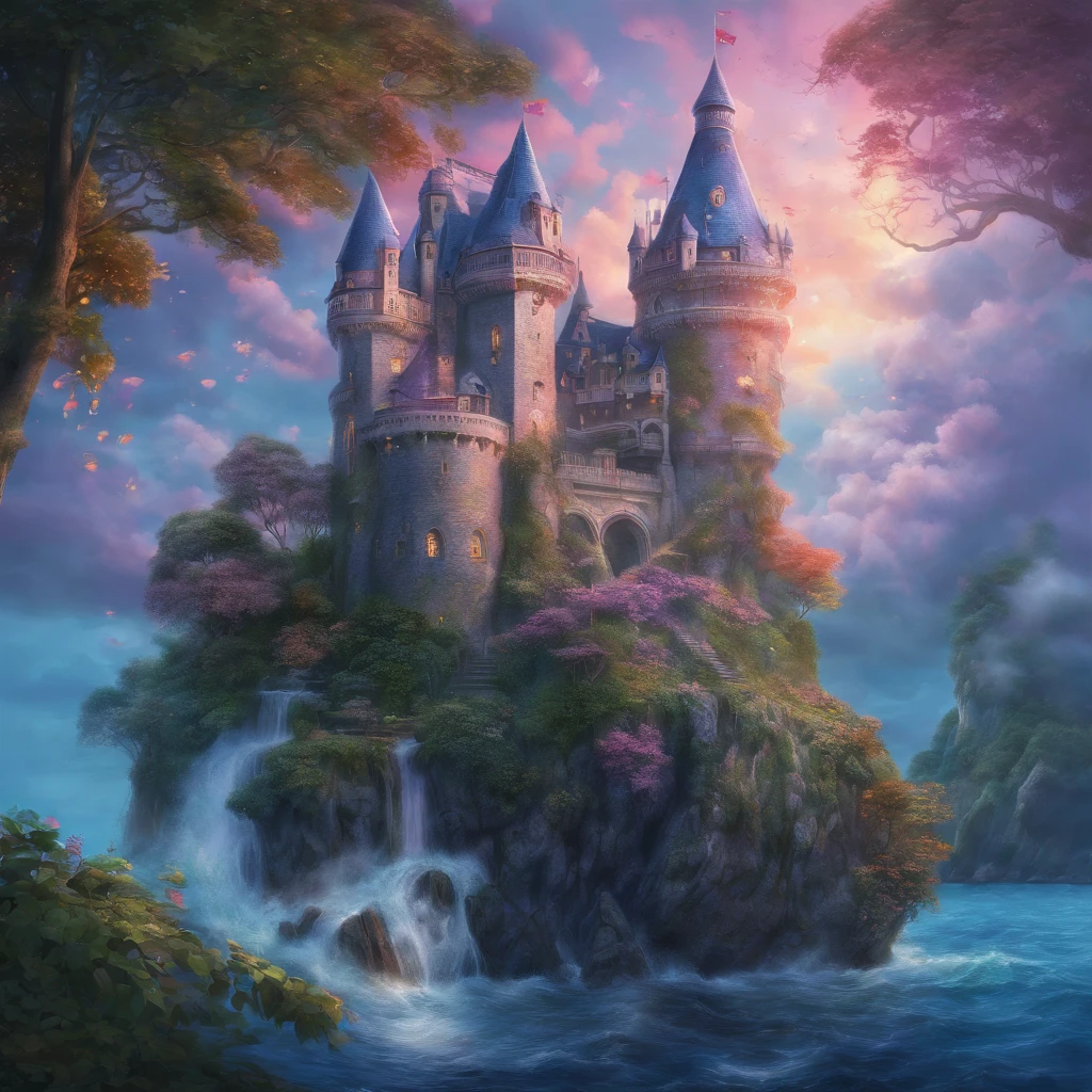 (highres,masterpiece:1.2),ultra-detailed,realistic,enchanted elven castle,high turrets,hanging gardens,tall centuries-old trees,beautiful detailed gardens,breathtaking rose-violet shades,serene blue hues,pinkish-orange clouds
