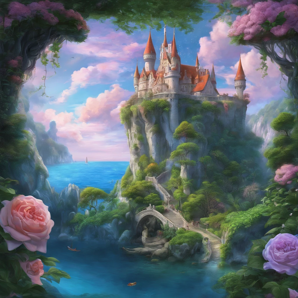 (highres,masterpiece:1.2),ultra-detailed,realistic,enchanted elven castle,high turrets,hanging gardens,tall centuries-old trees,beautiful detailed gardens,breathtaking rose-violet shades,serene blue hues,pinkish-orange clouds