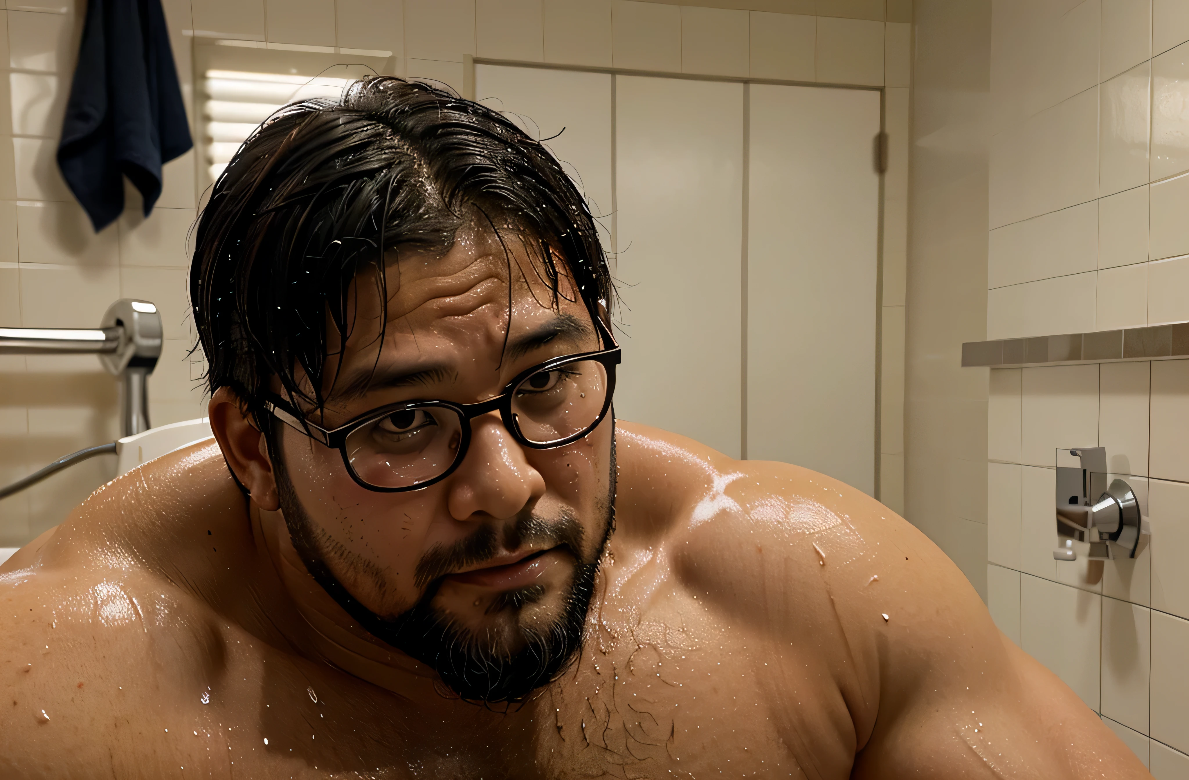 close up of a cum soaked face of a 35-year-old stocky chubby thick Japanese Judo athlete with beard and glasses in a mens room