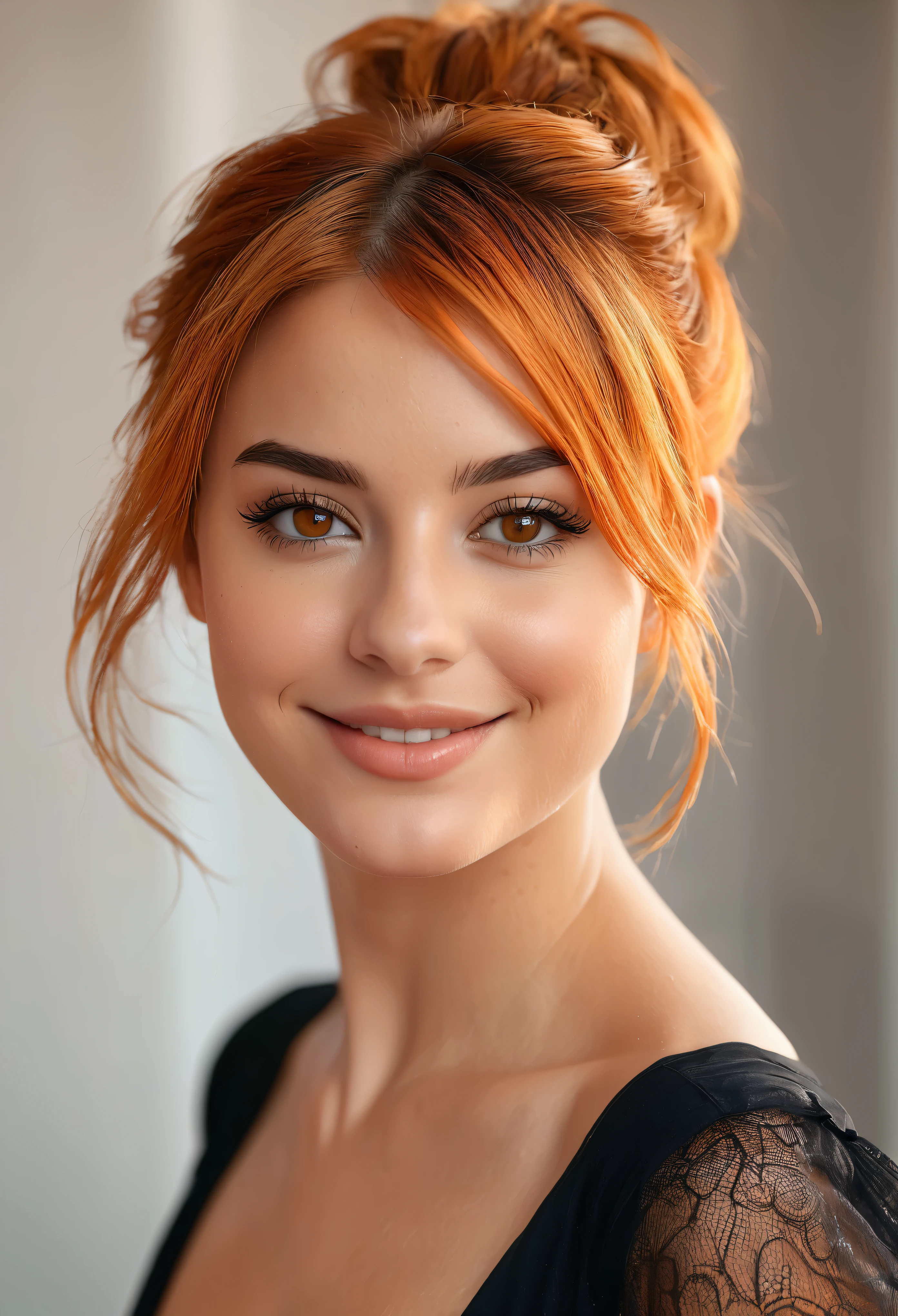 Beautiful and sexy European woman with light brown eyes, 25 years old, strong and vibrant short orange hair the girl is wearing a beautiful black dress, high heels, full subject shown in the photo, abstract light background, girl is in focus, blurred background, depth of field, sarcastic smile, girl is looking to the side, girl is not looking at the camera, complete subject appears in the photo, bare legs, no nudity, hair in a messy bun, light brown eyes, vibrant orange hair slim waist, very detailed, innocent face, face length 1.3 times the width of the face, almond-shaped eyes, square face shape, high cheekbones, naturally wavy hair, honey eyes, high resolution, artwork, best quality , intricate details, very detailed, sharp focus, detailed skin, realistic skin texture, texture, detailed eyes, professional, 4k, charming smile, shot with Canon, depth of field, Kodak Vision Colors, Perfectly fitted body, extremely detailed, photo_\ ( ultra \), photorealistic, realistic, post-processing, Maximum detail, roughness, Real life, ultrarealistic, photorealism, photography, 8K Ultra HD, photography