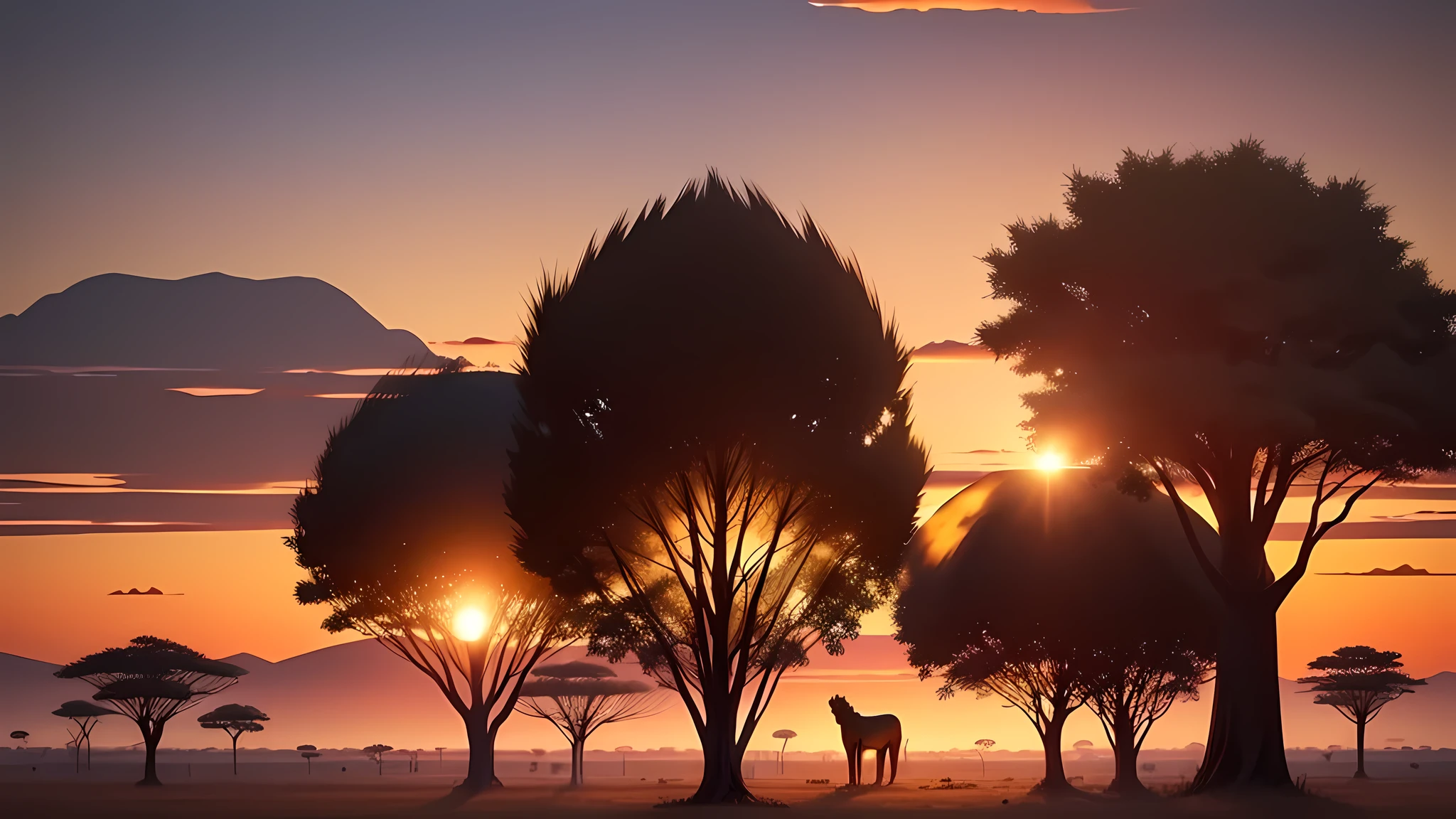 Generate an image of a vast African savannah with tall grass and acacia trees silhouetted against a golden sunset. Include vibrant colors and a sense of tranquility.