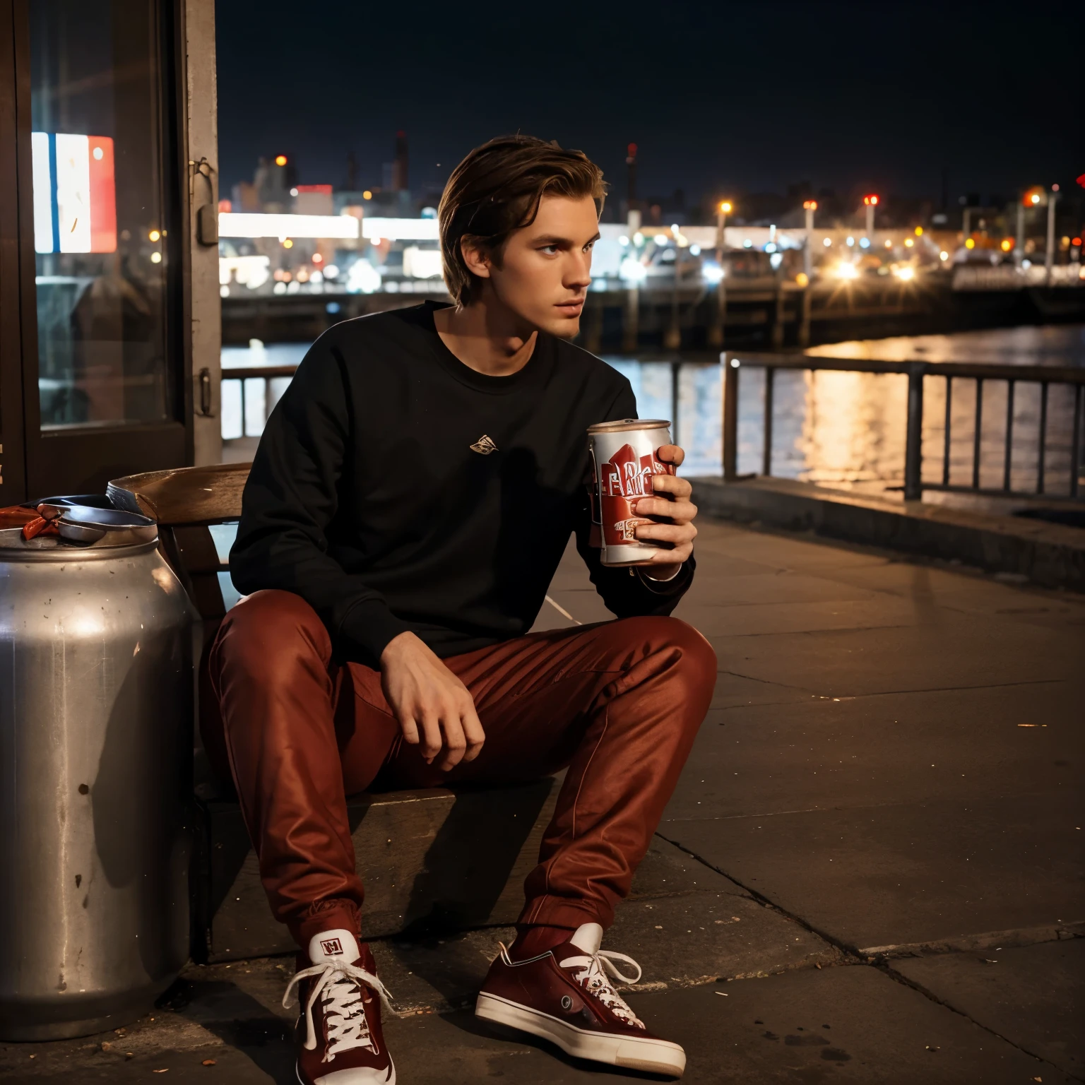 Tall guy, Brown hair, red sweatshirt, black trousers,Convers sneakers, drinks a can of beer and admires the city at night