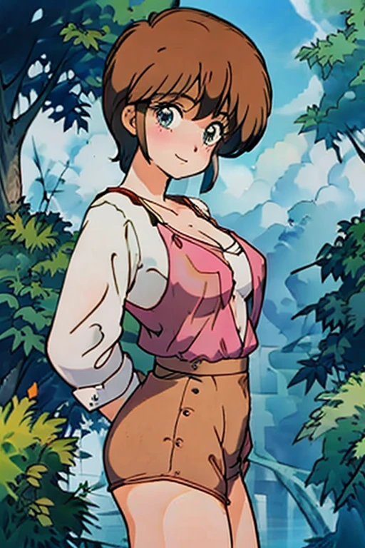 1 girl, Hiyama Hikaru, (Masterpiece, Best Quality, High Quality),(NSFW:1.3) cowboy shot,(from side),moist skin,volumetric lighting, illustration, beautiful, (see through camisole :1.1), big breasts, cleavage, floral print, looking at viewer,confident, seductive smile, (arms behind back, head tilt:1.1),hand on hip,heart pendant, perfect lighting, perfect shadows, flower, (breathtaking scenery:1.1), tree, blushing, outdoors