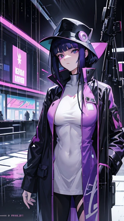 anime, a woman in a purple coat and a black hat in the rain, ghost in the shell art style, ghost in the shell, ghost-in-the-shell, gits, in the anime ghost in the shell, cyberpunk anime art, ghost in the shell style, ghost in the shell color scheme, gits anime, anime cyberpunk art
