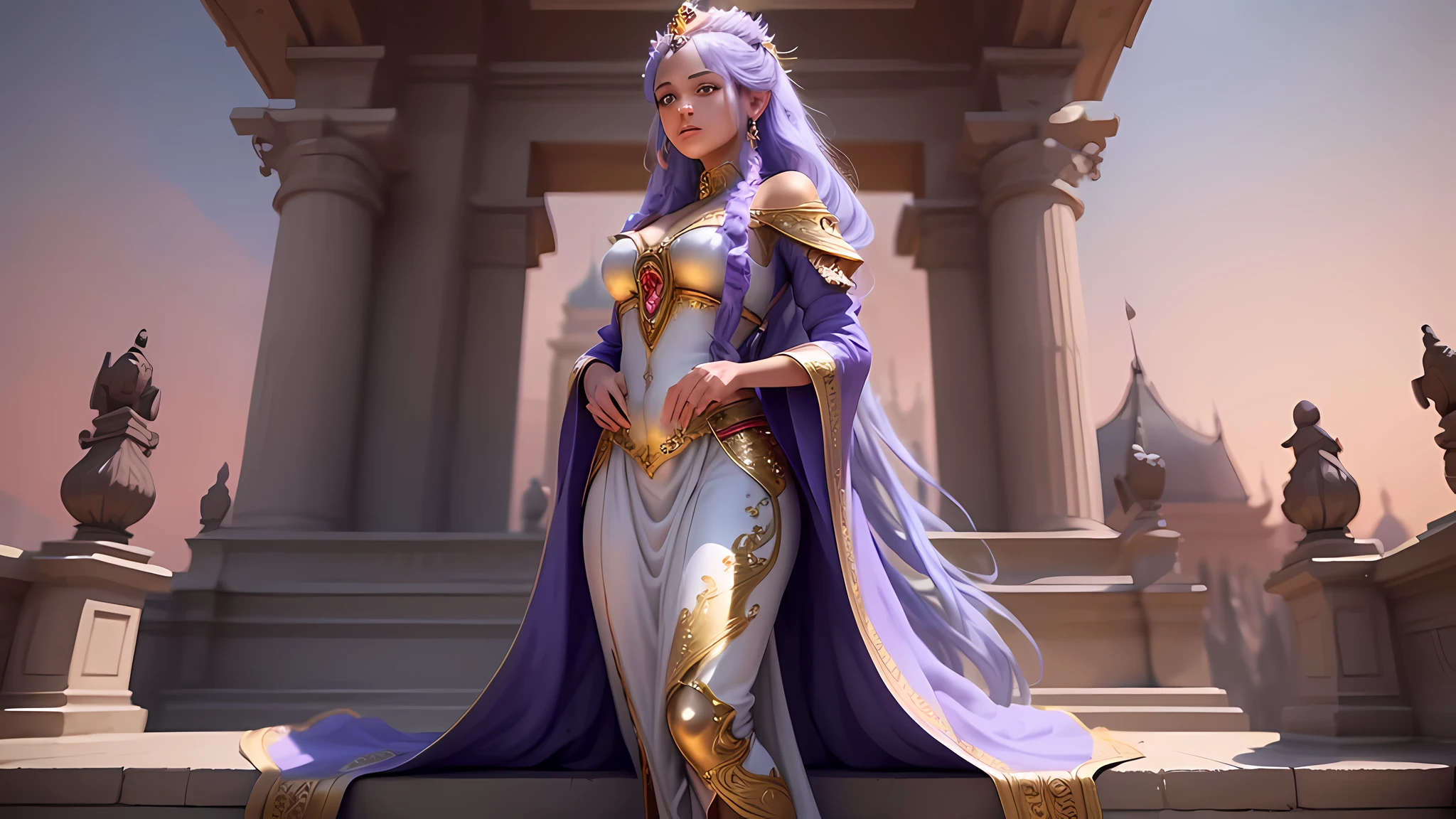 Create an image of Princess Adanna standing on a grand balcony overlooking her kingdom. She has a pensive expression as she gazes at the stars twinkling in the night sky. The palace should be majestic with intricate details and warm lighting.