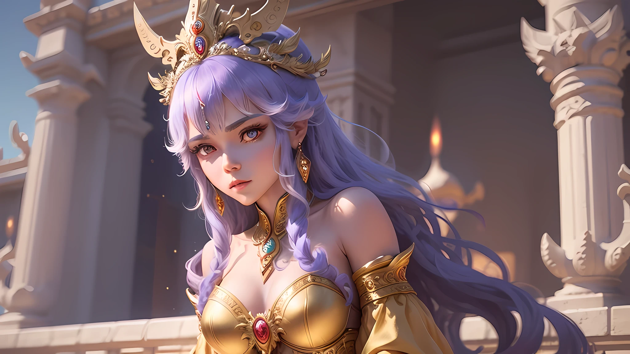 Create an image of Princess Adanna standing on a grand balcony overlooking her kingdom. She has a pensive expression as she gazes at the stars twinkling in the night sky. The palace should be majestic with intricate details and warm lighting.