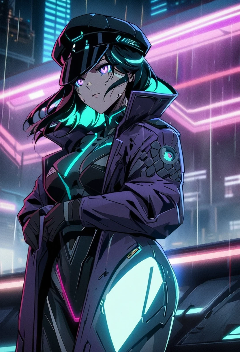 anime, a woman in a purple coat and a black hat in the rain, ghost in the shell art style, ghost in the shell, ghost-in-the-shell, gits, in the anime ghost in the shell, cyberpunk anime art, ghost in the shell style, ghost in the shell color scheme, gits anime, anime cyberpunk art