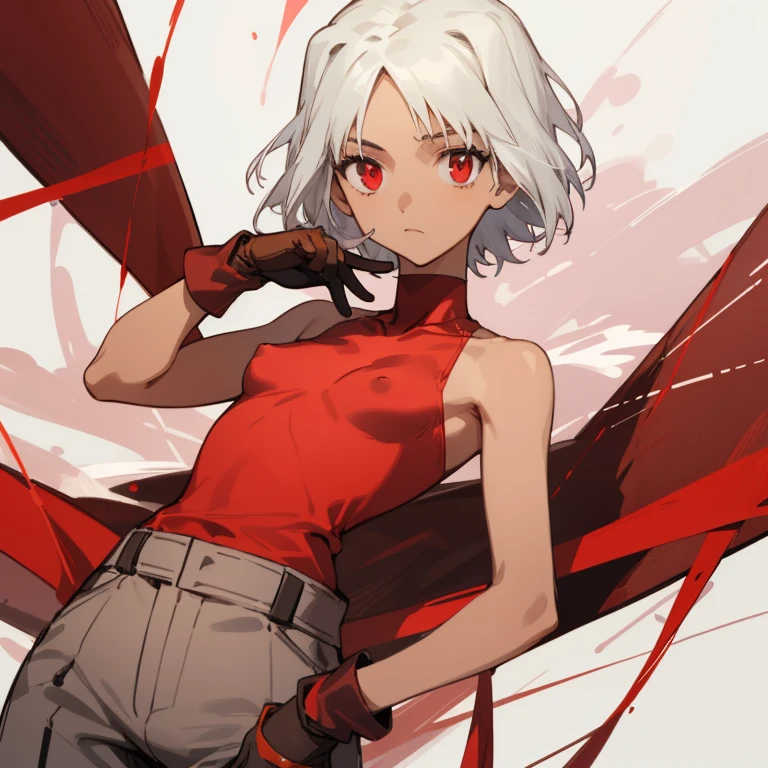 ((highest quality)), ((masterpiece)), (be familiar with), CANAAN, 1 girl, alone, silver hair,brown skin,red eyes,long pants,red sleeveless,Clothes with a visible back, Slender,slender,short hair,small breasts, erect nipples, gloves, put your hand on your waist