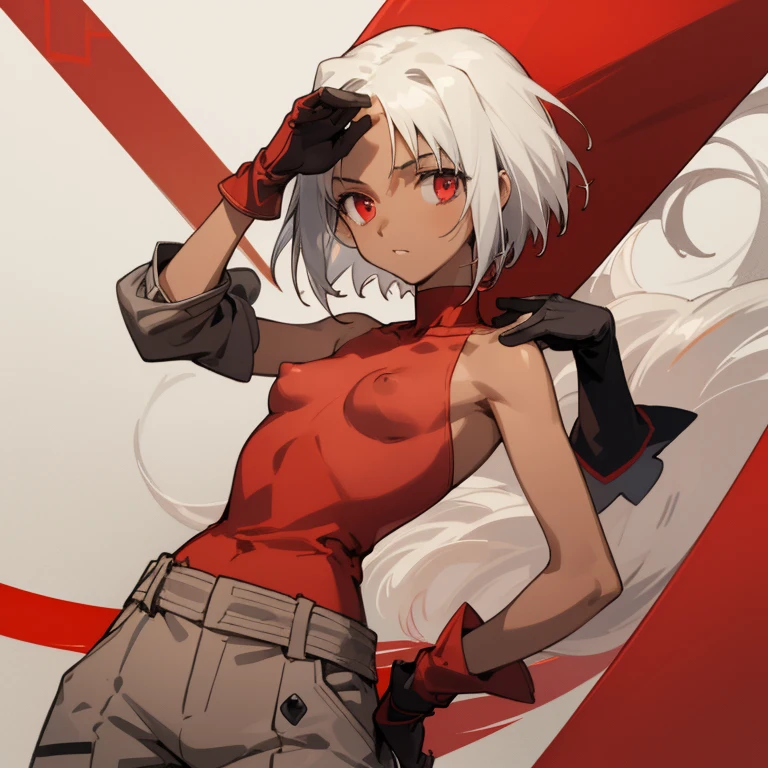 ((highest quality)), ((masterpiece)), (be familiar with), CANAAN, 1 girl, alone, silver hair,brown skin,red eyes,long pants,red sleeveless,Clothes with a visible back, Slender,slender,short hair,small breasts, erect nipples, gloves, put your hand on your waist