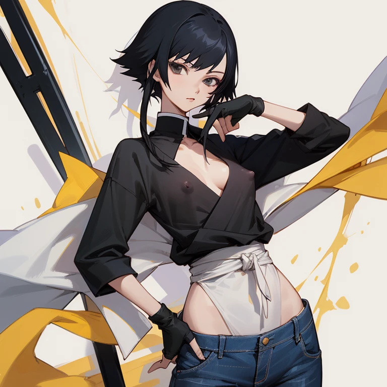 ((highest quality)), ((masterpiece)), (be familiar with),  BLEACH,Soi Fon, 1 girl, alone,  erect nipples, black hair,slanted eyes, Black clothes,black shirt,jeans, Slender,slender,short hair with long locks, short hair, small breasts, gloves, put your hand on your waist