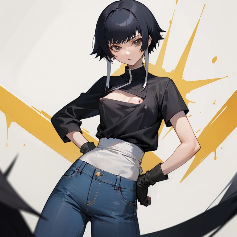 ((highest quality)), ((masterpiece)), (be familiar with),  BLEACH,Soi Fon, 1 girl, alone,  erect nipples, black hair,slanted eyes, Black clothes,black shirt,jeans, Slender,slender,short hair with long locks, short hair, small breasts, gloves, put your hand on your waist