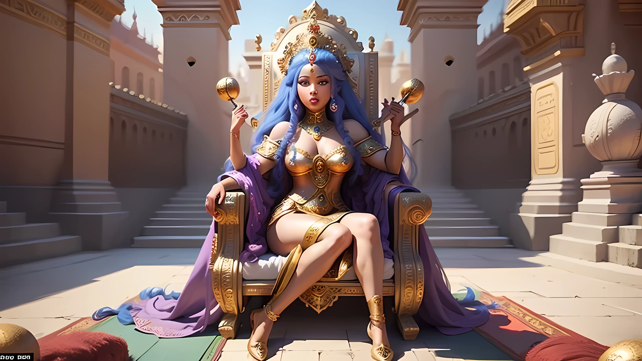 Illustrate Princess Adanna seated on a throne surrounded by her loyal advisors and servants. The scene should exude a sense of royalty and authority, with Adanna at the center of attention. Include rich colors and intricate palace architecture in the background.