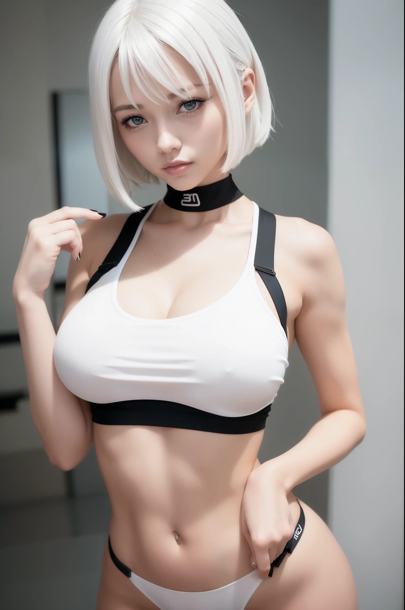 there is a woman with a very large breast posing for a picture, 2 b, 2b, with abs, perfect white haired girl, photo of slim girl model, wearing a sexy cropped top, beautiful midriff, sexy look, anime girl in real life, beautiful cyberpunk woman model, shot on canon eos r5, shot on canon eos r 5, solo, 1 girk
