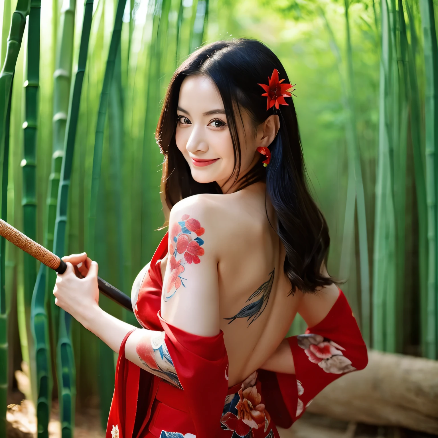(Sexy Asian mature woman, big breast, glassess), (red flower kimono, red dress, tight), (standing, beautifull legs), (bamboo forest), ( sword, katana, weapon), (blue eyes, tied very long black hair), (tattoo), (blue eyes), earnings, (smiling face), (night, moon)
