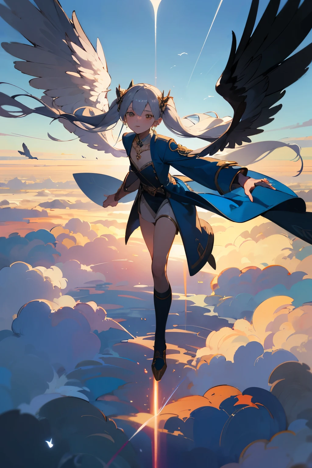 anime,multiple people,silver hair, twin tails, long coat,blue sky background, masterpiece,Not real,wings on the back(masterpiece,highest quality,super detailed),software,fairy tale,goblin,flat chest,wings on the back,transparent skin,[:elf ears:0.7],very long hair,(jewelry/accessories:1.4),goblin wings,dynamic pose,[:bewitching face:0.5],suspicious smile,(reach out to your audience:1.2),(High resolution),(flight:1.5),fantasy world,Very high location,sunrise,blue sky,Above the Clouds,swirling,stratosphere,(bird),Depth of the bounds written,8k wallpaper,have a sword,knee socks