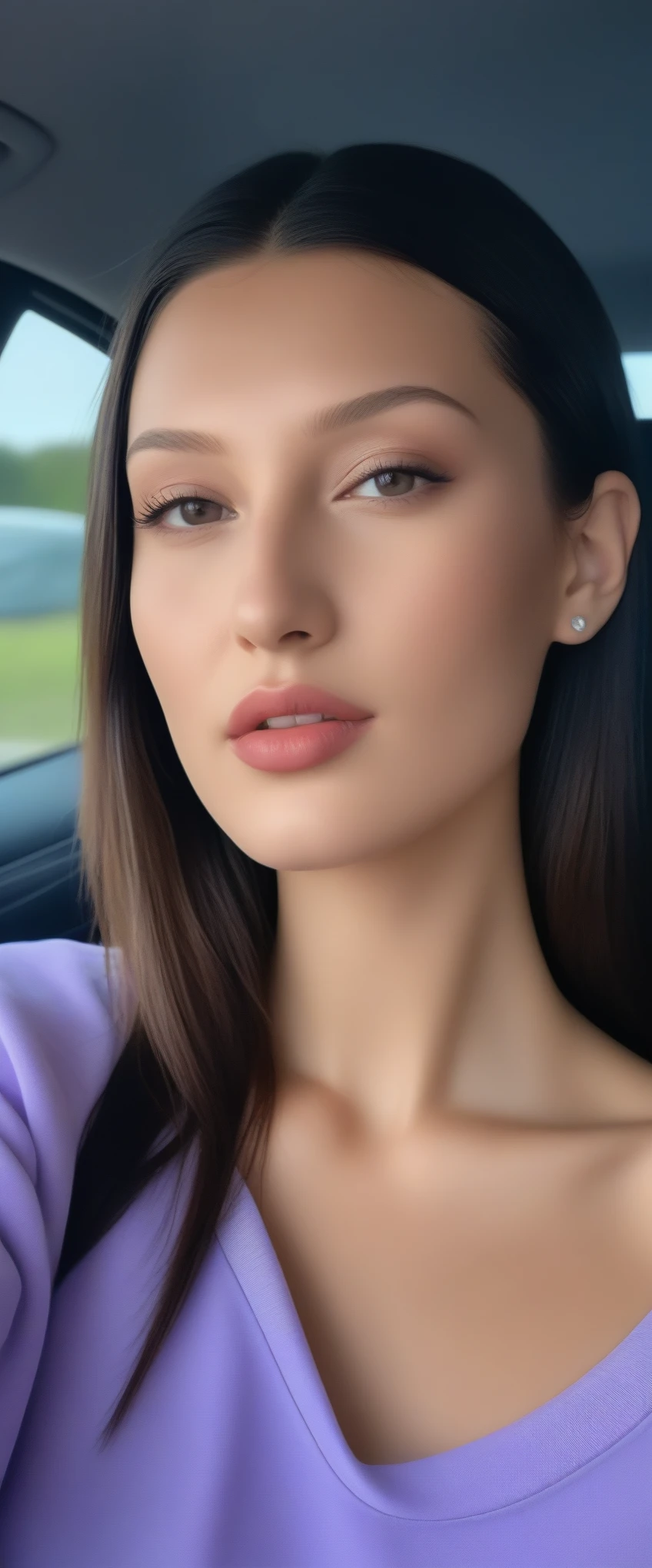 selfie 9: 16, rosto foto 18 anos de idade, com longos cabelos escuros sentada em um carro com um telefone celular, Sophie Mudd, video tiktok, Bella Poarca, Anna Nikonova aka Newmilky, Violeta Myers, ela tem dentes brancos perfeitos, sentada no carro dela, modelo do instagram, Bella Hadid, 8k, maximum quality, detalhes intrincados, Ultra detalhe, Ultra high resolution, cell phone recording, tamanho 9:16, filtro de tiktok, efeito de gravacao de celular, perpectiva de baixo pra cima