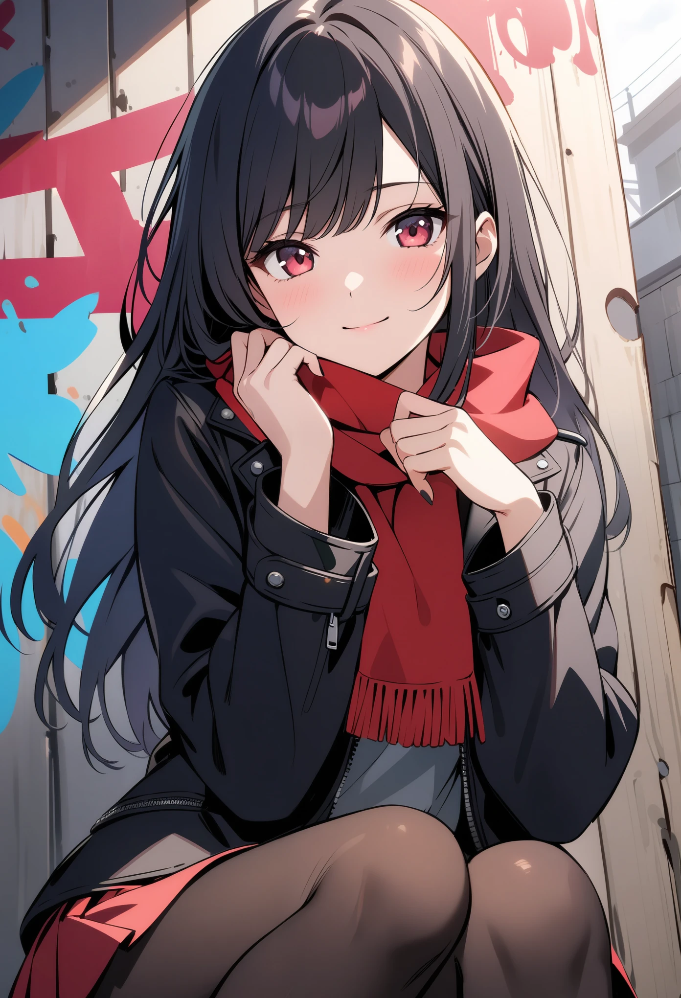 顶级animation质量,animation,HD,1080P,solo,medium view,(low angle),a woman,(close mouth),light smile,extremely detailed black hair and happy eyes,long hair with swept bang,(One hand touching the left side of the face),black Nail polish,(Red scarf, black jacket and red short skirt),trend,detailed black pantyhose,Sitting on a wooden box,Graffiti wall background,dark feeling,(cool feeling),(Gloomy atmosphere)
