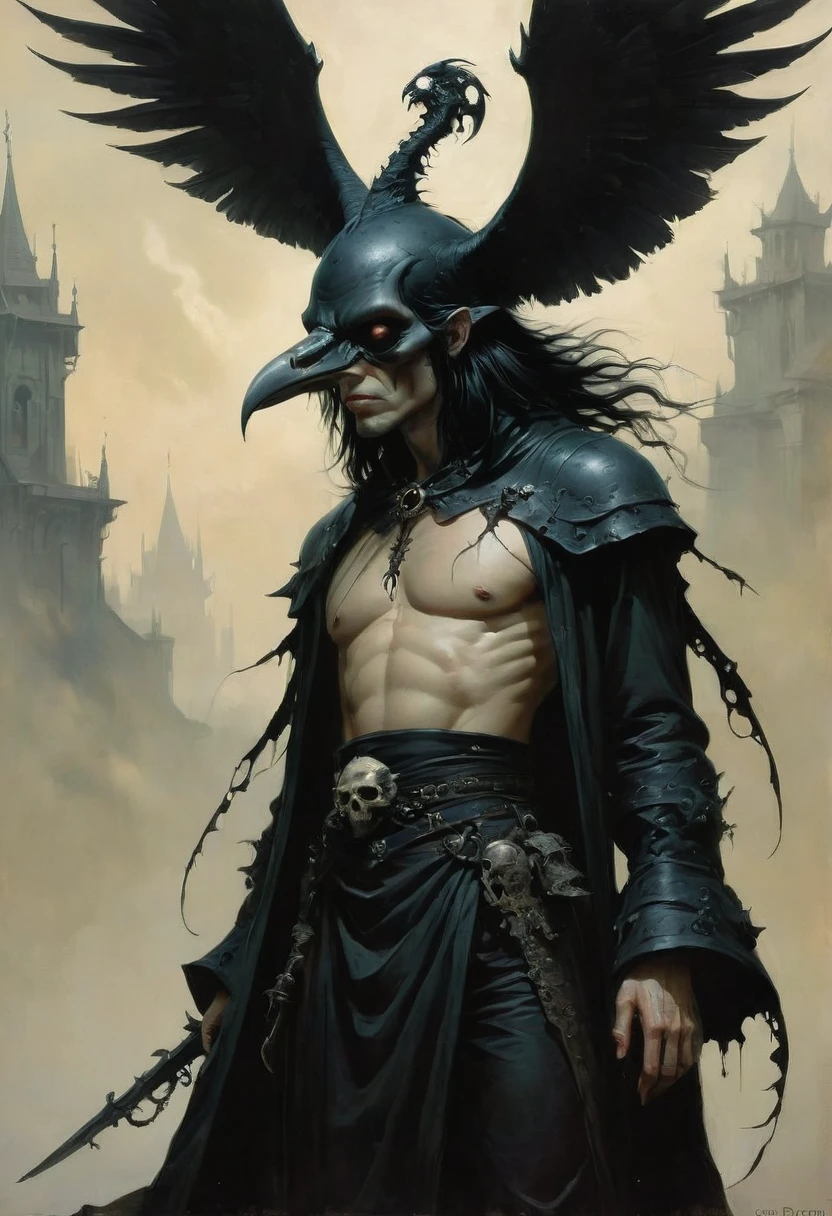 Crow, by Gerald Brom, best quality, masterpiece, very aesthetic, perfect composition, intricate details, ultra-detailed