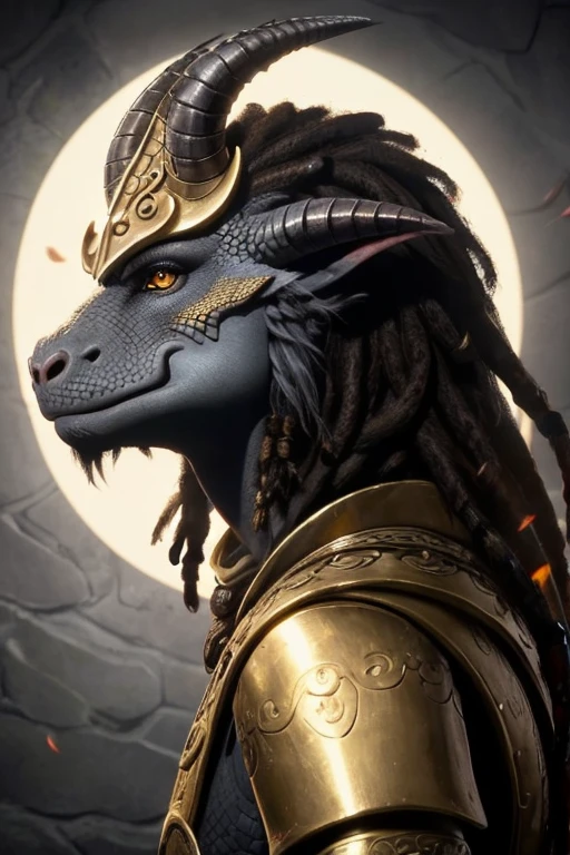 The best image of a necromancer dragonborn with black scales, the face of a dragon, dreadlock hair, golden eyes, large horns in the backhead, a long tail, who looks like a humanoid dragon.