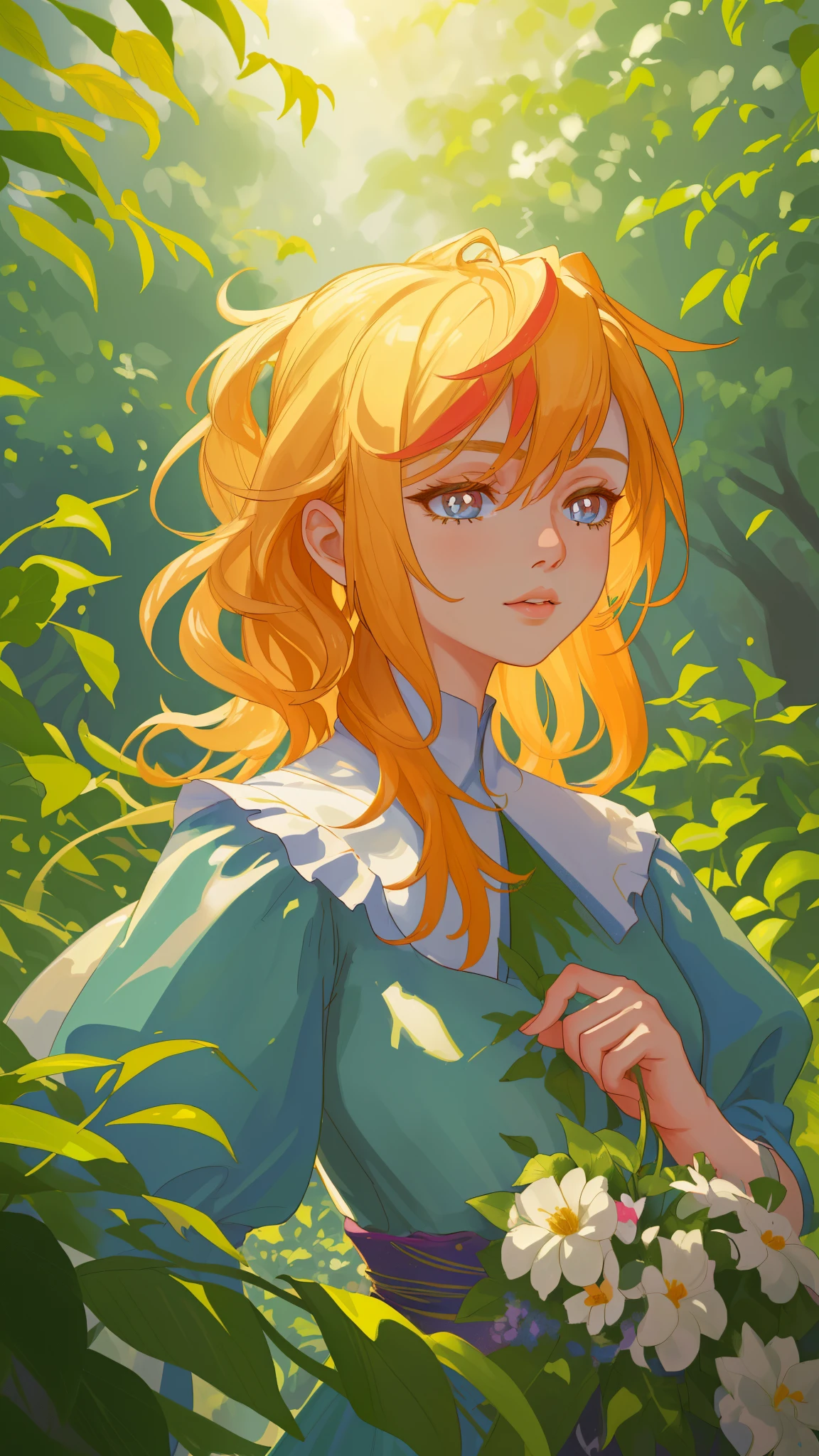 A girl in a garden, (best quality,4k,highres:1.2), ultra-fine painting, photo-realistic:1.37, portraits, vibrant colors, soft and warm lighting, beautiful detailed eyes, beautiful detailed lips, extremely detailed eyes and face, long eyelashes, flowing hair, floral dress, peaceful expression, surrounded by blooming flowers, sunlight filtering through the trees, gentle breeze rustling the leaves.