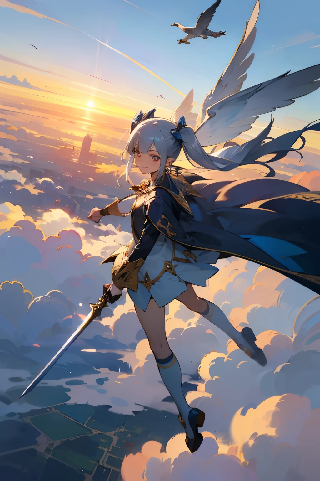 anime,multiple people,silver hair, twin tails, long coat,blue sky background, masterpiece,Not real,wings on the back(masterpiece,highest quality,super detailed),software,fairy tale,goblin,flat chest,wings on the back,transparent skin,[:elf ears:0.7],very long hair,(jewelry/accessories:1.4),goblin wings,dynamic pose,[baby face:bewitching face:0.5],suspicious smile,(reach out to your audience:1.2),(High resolution),(flight:1.5),fantasy world,Very high location,sunrise,blue sky,Above the Clouds,swirling,stratosphere,(bird),Depth of the bounds written,8k wallpaper,have a sword,knee socks