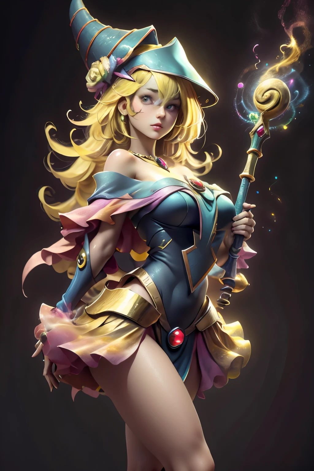 (8K,fotorrealista raw photography the highest quality;1.4) (1chica en) Super belleza (cara realista) cuerpo femenino (Rubia de rizos largos) Hold a black and red magic wand Escena de combate Magic hat with black and gold exterior Beautiful expression Deslumbramiento (Piel de aspecto real) (Giles magos oscuros) tentador super high resolution Un hiperrealista Alto detalle foto de cuerpo completo restos