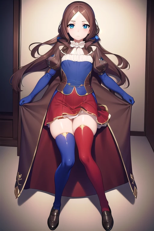 leonardo da vinci, leonardo da vinciのライダー, blue eyes, brown hair, long hair, parted bangs, (small breasts:1.2),
break black footwear, brown Jacket, elbow gloves, gloves, Jacket, loafers, metal gloves, pantyhose, red skirt, shoes, skirt, plump sleeves, Thighhighs, blue Thighhighs,
break looking at viewer, full body, Upper body,
break indoors,
break (masterpiece:1.2), highest quality, High resolution, unity 8k wallpaper, (figure:0.8), (detailed and beautiful eyes:1.6), highly detailed face, perfect lighting, Very detailed CG, (perfect hands, perfect anatomy),