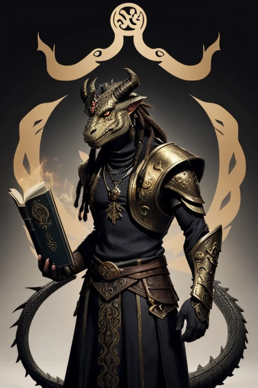 The best image of a necromancer dragonborn with black scales, the thin face of a dragon, dreadlock hair, golden eyes, large horns in the backhead, a long tail, who looks like a humanoid dragon,  simple clothes. A grimoire floating upon his hand