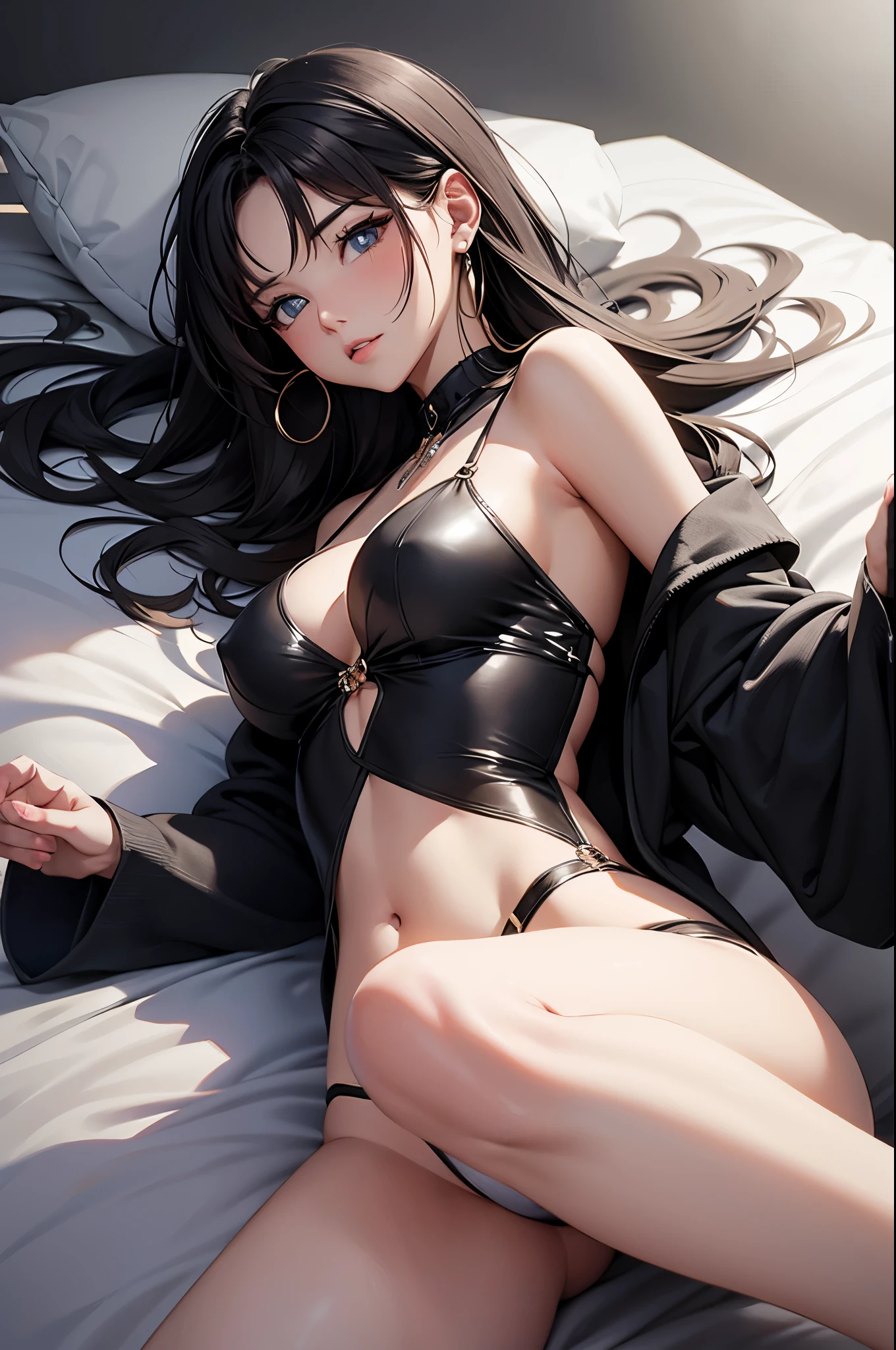 a sexy woman, (best quality), (masterpiece), (1girl), slim, anime, tall, (lying down), (flat chested), (see through clothes), (protrait)
