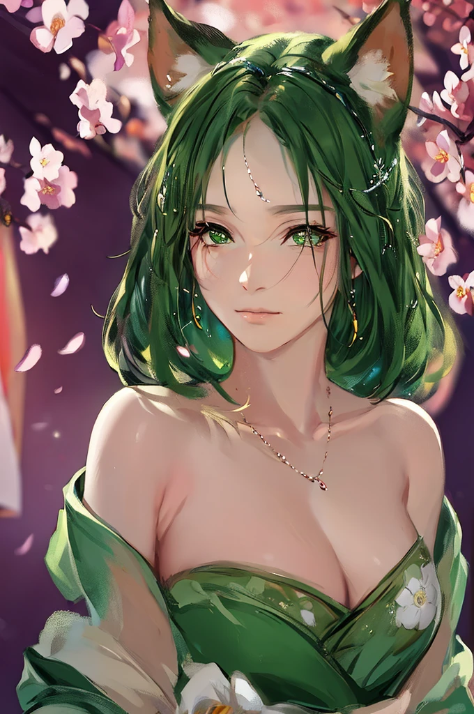 Anime girl with cat ears and green dress with flowers, Beautiful anime girl, beautiful anime portrait, beautiful anime woman, Stunning anime face portrait, beautiful charming anime woman, work in Guweiz style, anime style 4k, attractive anime girl, Artgerm and Atey Gaylan, seductive anime girl, digital anime art, Beautiful anime girl
