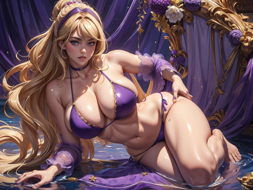 (masterpiece:1.2), (best quality), realistic, (real picture, intricate details), (1girl), (solo), make up, parted lips, highly-detailed, perfect face, (skin dentation), voluptuous, milf, attractive waist, tall, full glossy lips, (((purple bikini)))), ((Kate Upton)), (Full body portrait), curvaceous, (blonde), messy bun, perfect eyes, perfect hands