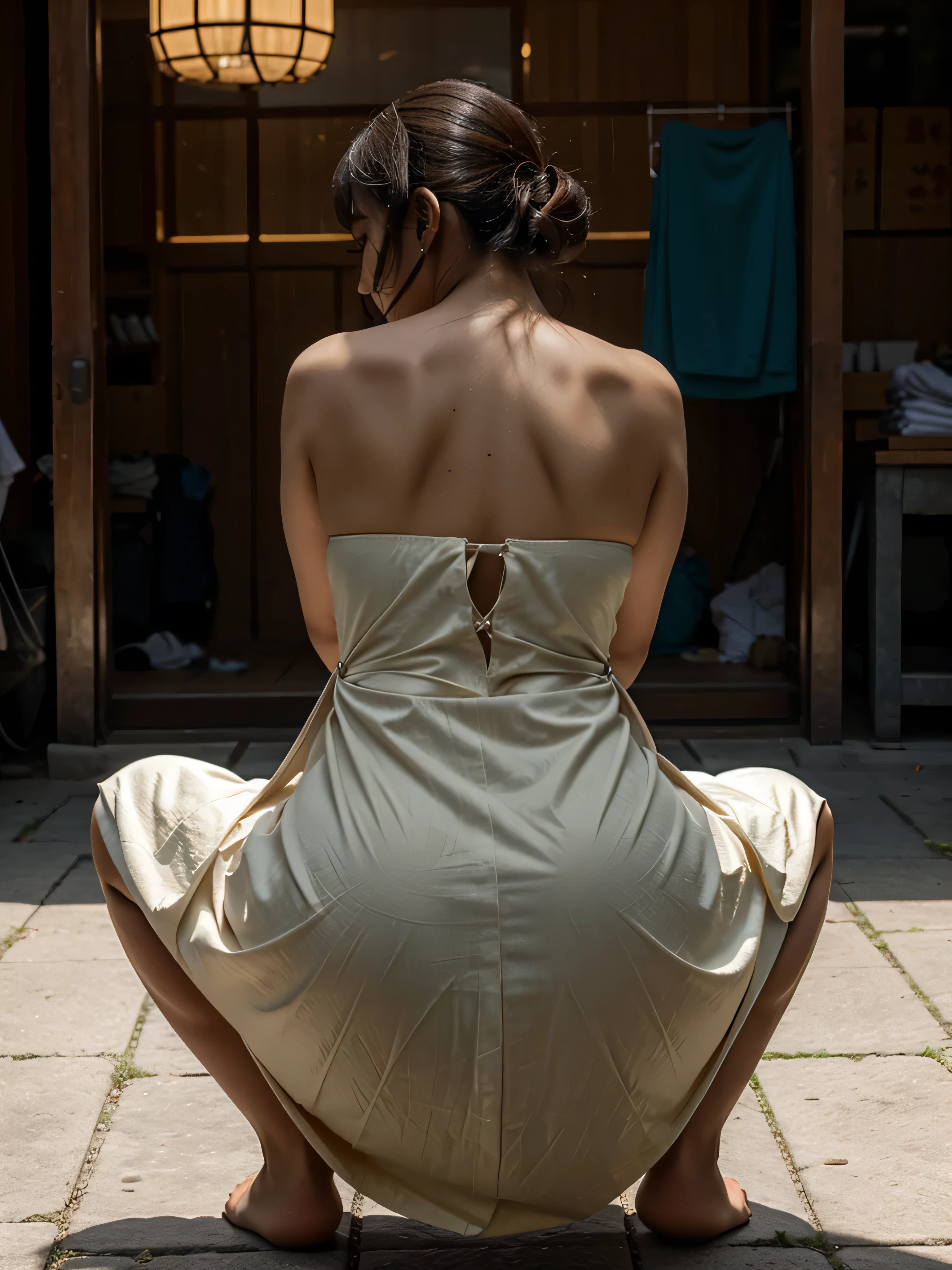 Asian Woman in squat in long dress, rear view,