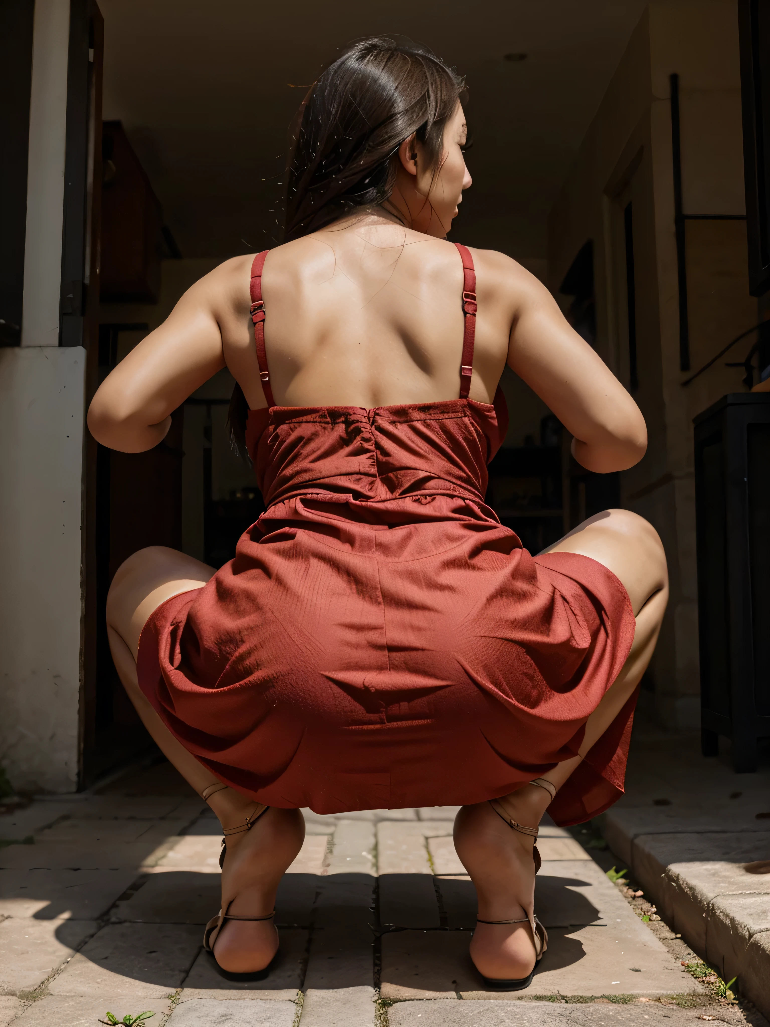 Asian Woman in squat in long dress, rear view,