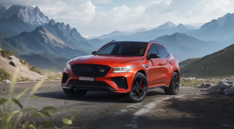 um close de um SUV vermelho estacionado em uma estrada de montanha, 8k octae render photo, conceito, 8 k octane comprehensive render, 8 k octane detailed render, 8k octane 3D rendering, high quality rendering, high quality rendering, octa 8k, photo rendering, 8k CG rendering, papel de parede do telefone hq 4k