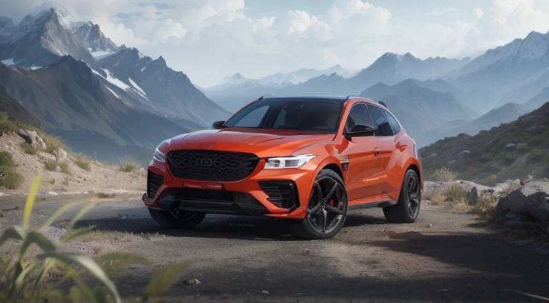 um close de um SUV vermelho estacionado em uma estrada de montanha, 8k octae render photo, conceito, 8 k octane comprehensive render, 8 k octane detailed render, 8k octane 3D rendering, high quality rendering, high quality rendering, octa 8k, photo rendering, 8k CG rendering, papel de parede do telefone hq 4k