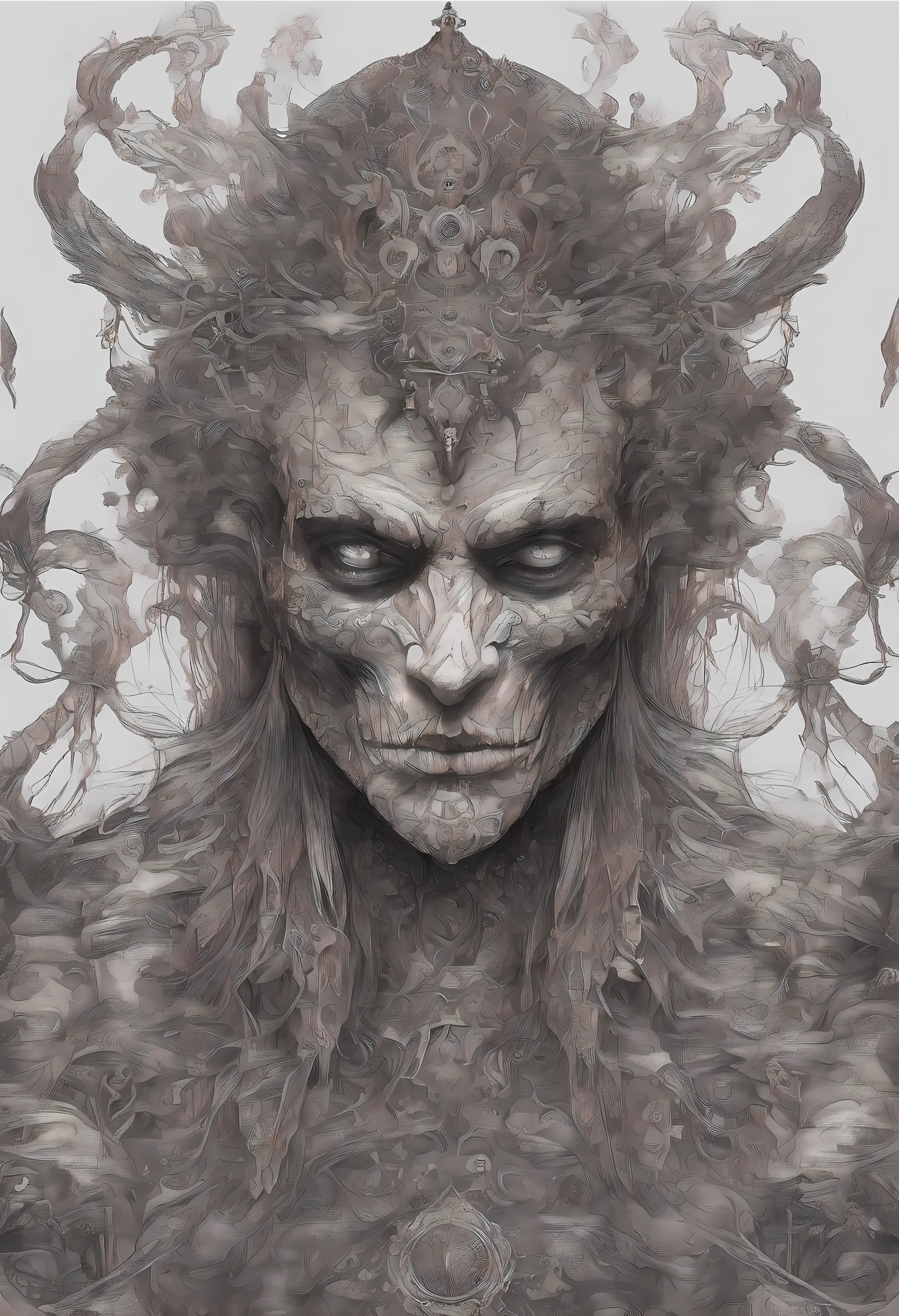 Closeup of ghoul Demonic Sokrates with long hair and eyes that are biomechanical and black, detailed, brown, black, white , grey, realistic, angry, powerful pose, futuristic Greece background, depth, clothes made of finest silks, masculine, surrounded by laptops, thick ink , pointillism,acrylic art, ultra detailed 