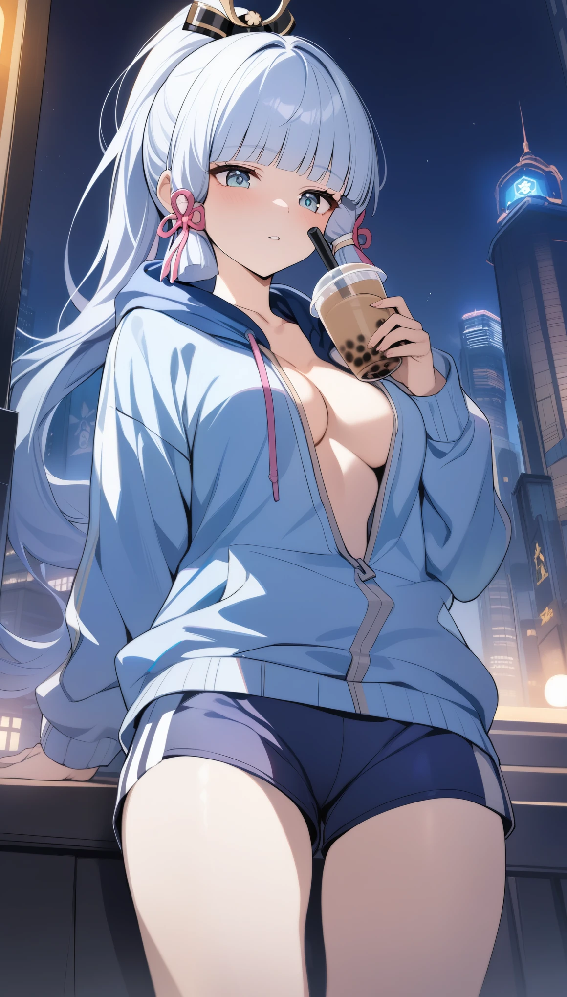 (masterpiece), best quality, expressive eyes, perfect face, medium shot, low angle, close-up legs,
(Kamisato Ayaka 'Genshin Impact'), solo, medium breasts, white hair, ponytail, aqua eyes, looking down,
(drinking bubble tea), in a hoodie, deep cleavage, collarbone, gym shorts,
standing, neutral pose, half-closed eyes, night city background,