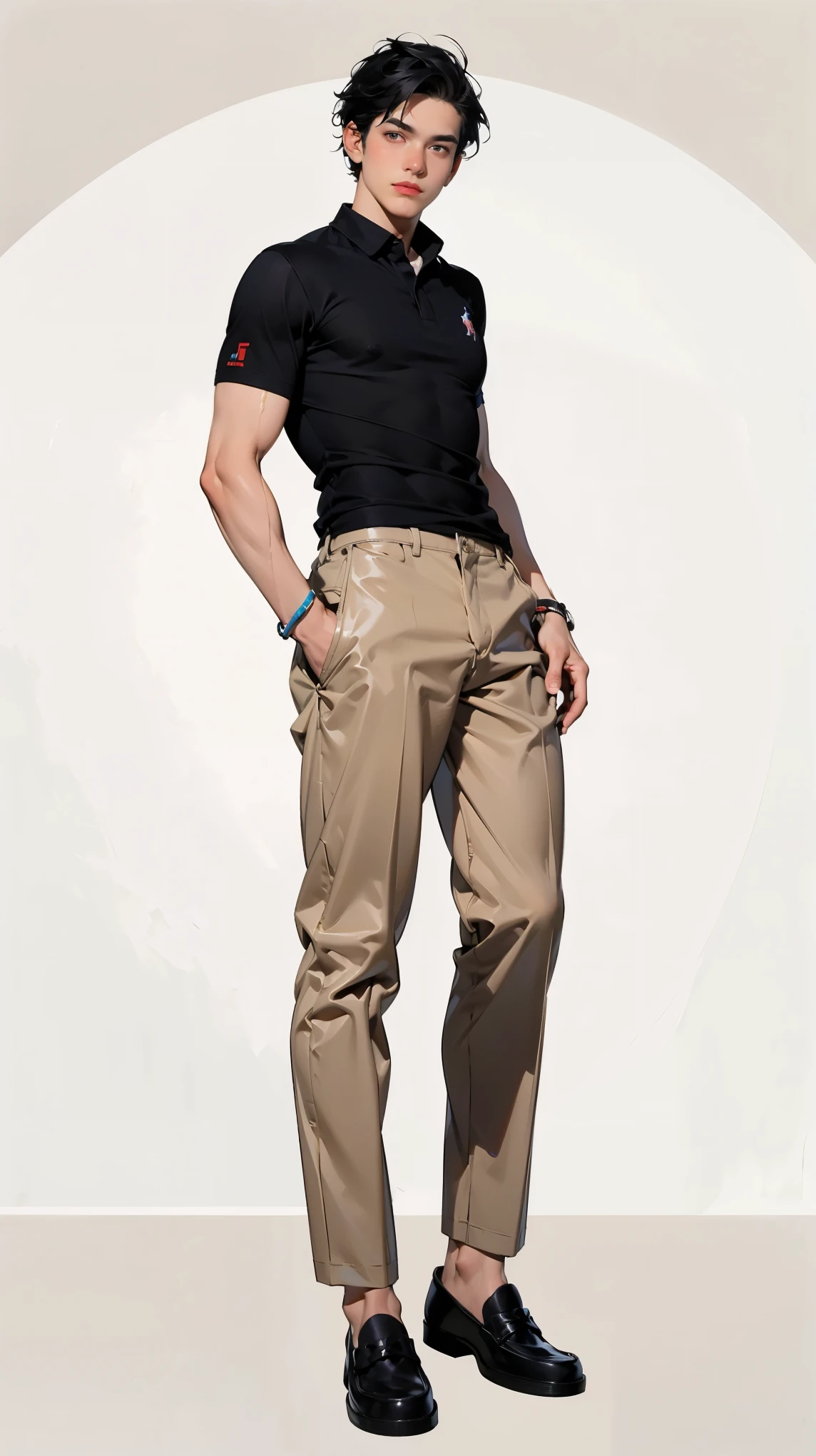 (best quality, 8k, highres, masterpiece:1.2)),((character concept art)), 1 male character, age 16, Tall stature, muscular physique, athletic build, washboard six-pack abs, broad shoulders, well-defined biceps, chiseled jawline, deep-set eyes, prominent nose, strong handsome facial features, thick black hair, physically fit, high school heartthrob, casual yet stylish clothing, preference for athletic wear, neat and well-groomed appearance, carries himself with confidence, has a commanding presence, lean body , healthy glowing skin, stylishly tousled hair, exudes youthful charm and charisma, has a natural and effortless style, (((wearing outfit from Ralph Lauren (black polo shirt) , (cream color slim-fit chinos), (tan sued loafers), no sock.)))   noticeable athletic physique, strikingly handsome, garners attention naturally, well-maintained hands due to meticulous grooming habits, captivating smile, charismatic aura, (intricate detail), (super finely detailed muscular body), (ultra finely detailed cloth), ((accurate anatomy)), (Stand relaxed), (full body showcase), (show full body), (no logos on background), (no logo), ((plain background)), ((plain background)), (((empty background)))..