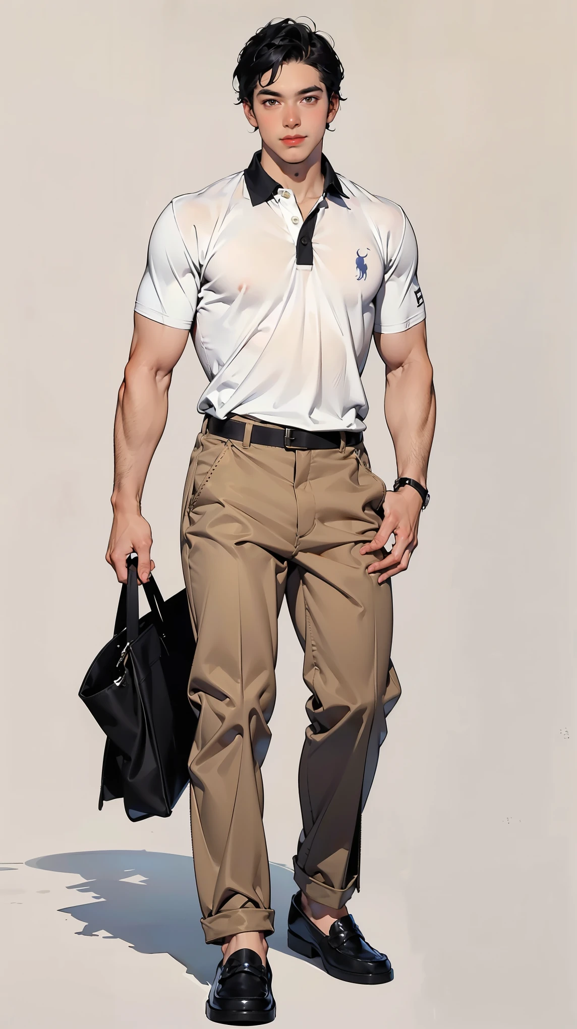 (best quality, 8k, highres, masterpiece:1.2)),((character concept art)), 1 male character, age 16, Tall stature, muscular physique, athletic build, washboard six-pack abs, broad shoulders, well-defined biceps, chiseled jawline, deep-set eyes, prominent nose, strong handsome facial features, thick black hair, physically fit, high school heartthrob, casual yet stylish clothing, preference for athletic wear, neat and well-groomed appearance, carries himself with confidence, has a commanding presence, lean body , healthy glowing skin, stylishly tousled hair, exudes youthful charm and charisma, has a natural and effortless style, (((wearing outfit from Ralph Lauren (black polo shirt) , (cream color slim-fit chinos), (tan sued loafers), no sock.))) noticeable athletic physique, strikingly handsome, garners attention naturally, well-maintained hands due to meticulous grooming habits, captivating smile, charismatic aura, (intricate detail), (super finely detailed muscular body), (ultra finely detailed cloth), ((accurate anatomy)), (Stand relaxed), (full body showcase), (show full body), (no logos on background), (no logo), ((plain background)), ((plain background)), (((empty background)))..