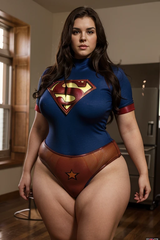 a boy caresses and masturbates the bbw superheroine standing in front of the photo, full bodies,