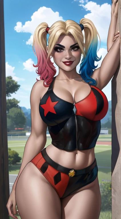 (obra de arte, Melhor qualidade:1.2), Harley Quinn (Renascimento), 1 garota, Sozinho, twintails, shorts, jaqueta, cabelo ruivo, cabelo multicolorido, luvas, inventar, seios, fingerless luvas, umbigo, olhos azuis, barriga, batom, cabelo preto, tennis, sapato, joelheiras, short curto, decote, cabelo gradiente(best quality:1.3), (4K quality),  ((detailed face)),((smile)), ((curvy body)), (big breasts), sexy, (( long hair )), ((blue sky)), looking at viewer, , blond hair, gradient pink hair, gradient blue hair, 1girl, arm strap, arm up, bare shoulders, clothes, breasts, cloud, colored tips, cowboy shot, cutoffs, gradient hair, halterneck, highleg,, large breasts, looking at viewer,  midriff, nail polish,, outdoors, mascara, medium hair, big breasts, fat breasts, full body, thick thighs